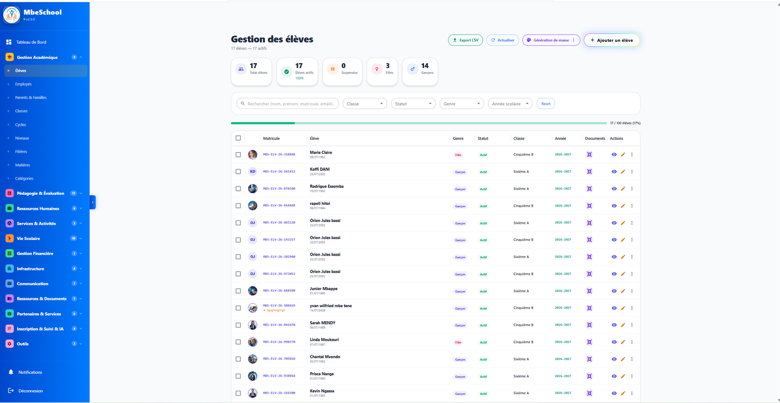 Module de gestion des élèves