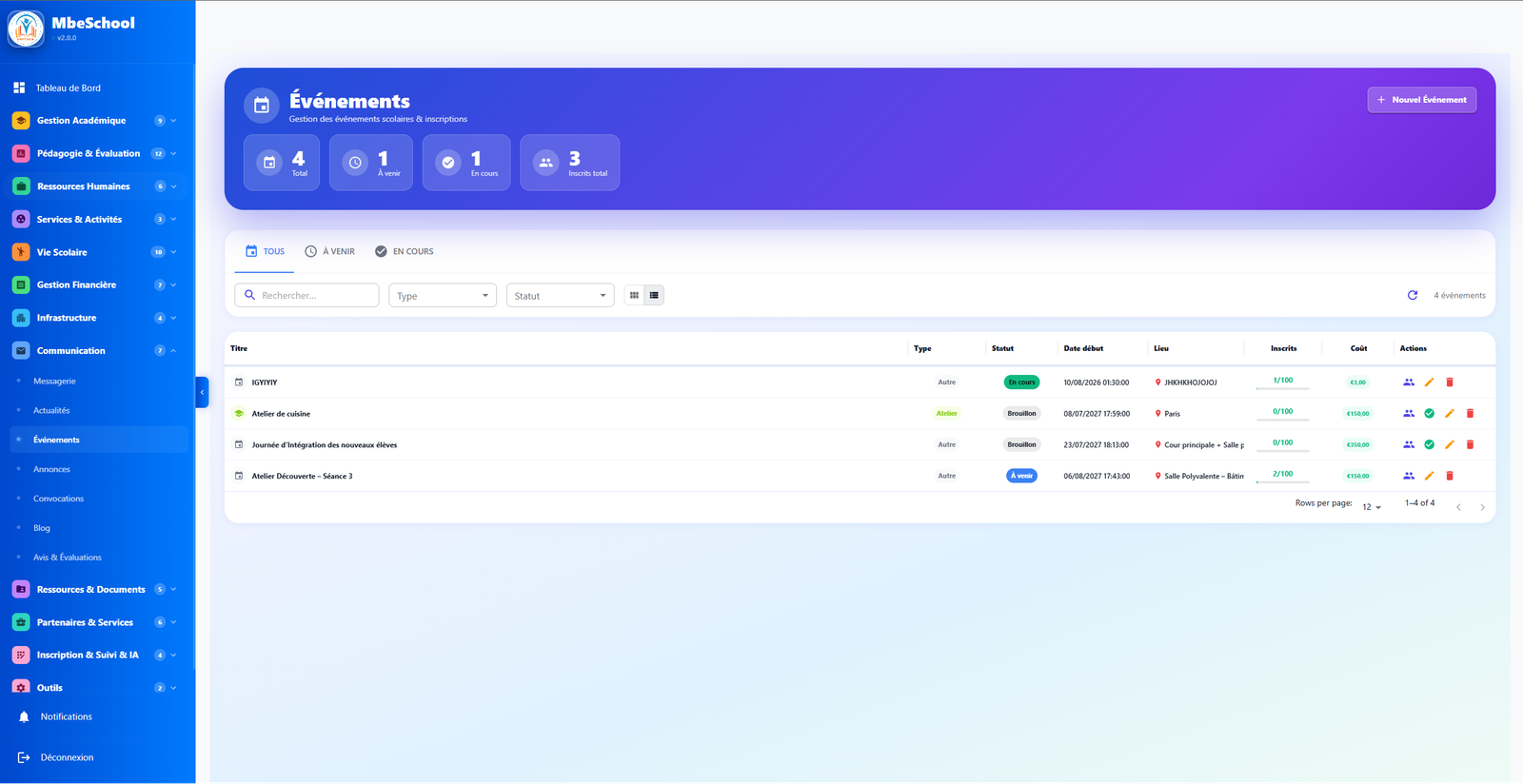 Module de gestions des évènements